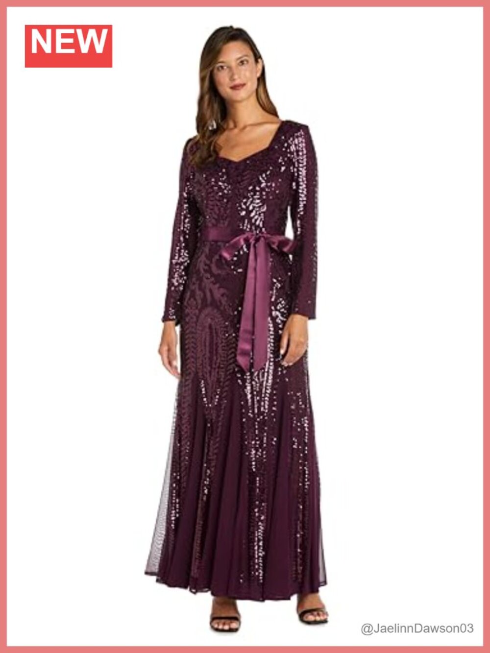 R&M Richards Regent Sequin Sash Evening Gown Long Sleeve Formal Dress